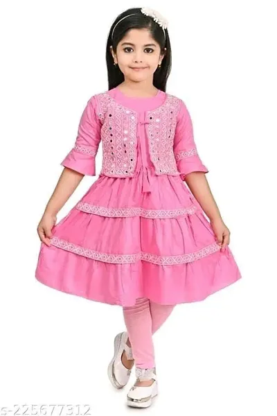 SR FASHION Casual Rayon Embroidery Round Neck Anarkali Kurta Set With Jacket and Leggings For Kids Girls