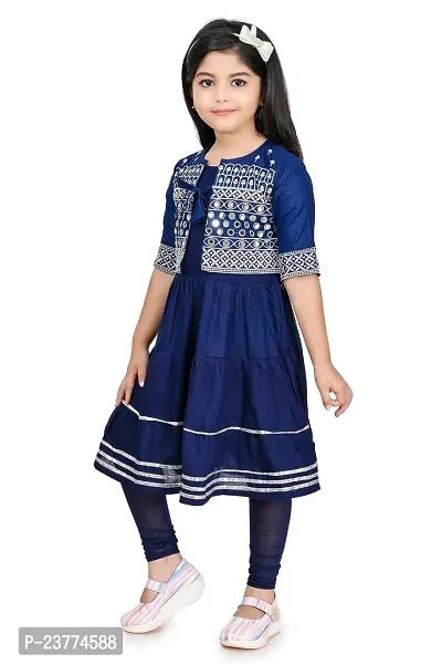 SR FASHION Casual Rayon Embroidery Round Neck Anarkali Kurta Set With Jacket and Leggings For Kids Girls-thumb0