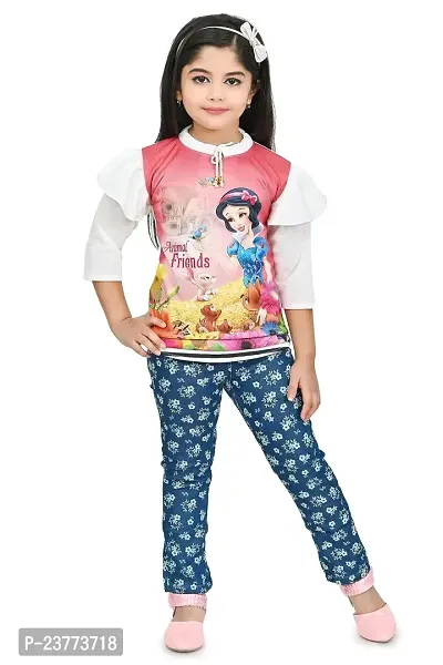 SR FASHION Casual Cotton Blend Solid Round Neck Printed Top Denim Pant Set For Kids Girls-thumb4