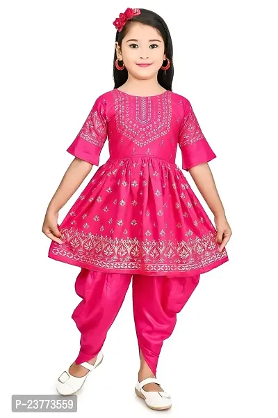 SR Fashion Casual Rayon Solid Round Neck Knee Length Dhoti Pyjama Set for Kids Girls for Wedding, Birthday Party and Various Occasions