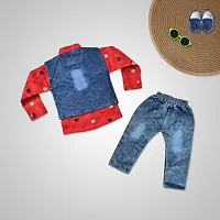 SR FASHION Casual Cotton Blend Solid Collar Neck Shirt With Denim Jacket And Pant Set For Kids Boys-thumb1