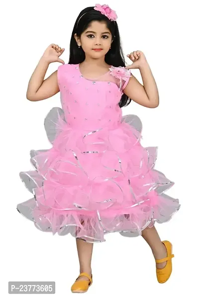 SR Fashion Casual Solid Round Neck Knee Length Net Frock Dress for Kids Girls for Wedding, Birthday Party and Various Occasions