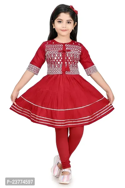 SR FASHION Casual Rayon Embroidery Round Neck Anarkali Kurta Set With Jacket and Leggings For Kids Girls