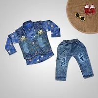 SR FASHION Casual Cotton Blend Solid Collar Neck Shirt With Denim Jacket And Pant Set For Kids Boys-thumb1