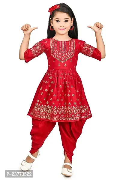 SR Fashion Casual Rayon Solid Round Neck Knee Length Dhoti Pyjama Set for Kids Girls for Wedding, Birthday Party and Various Occasions