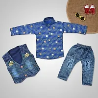 SR FASHION Casual Cotton Blend Solid Collar Neck Shirt With Denim Jacket And Pant Set For Kids Boys-thumb2