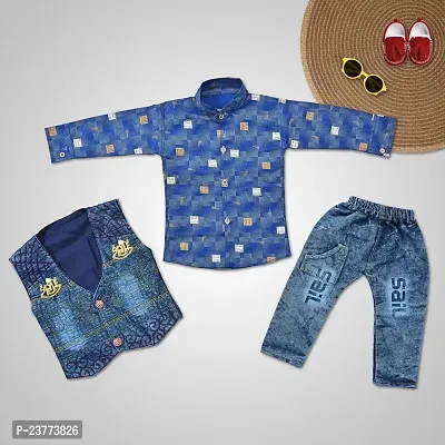 SR FASHION Casual Cotton Blend Solid Collar Neck Shirt With Denim Jacket And Pant Set For Kids Boys-thumb3