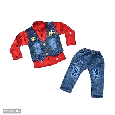 SR FASHION Casual Cotton Blend Solid Collar Neck Shirt With Denim Jacket And Pant Set For Kids Boys