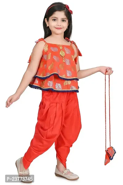 SR FASHION Casual Rayon Printed Round Neck Top Banarasi Bottam Rayon Kids Girls Top and Patiala Set