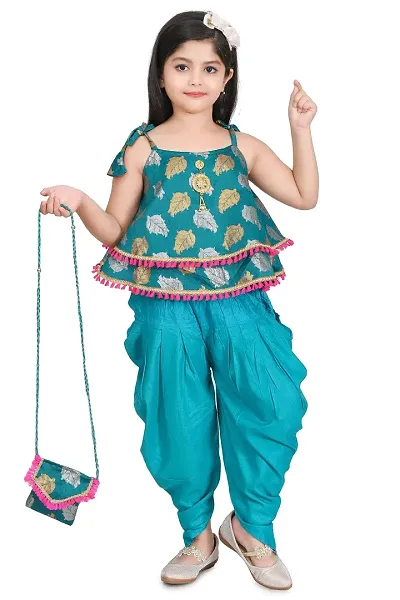 SR FASHION Casual Rayon Round Neck Top Banarasi Bottam Rayon Kids Girls Top and Patiala Set