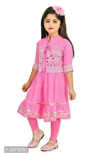 SR FASHION Casual Rayon Embroidery Round Neck Long Anarkali Kurta Set With Embroidery Jacket and Leggings For Kids Girls