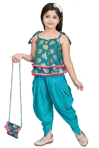 SR FASHION Casual Rayon Printed Round Neck Top Banarasi Bottam Rayon Kids Girls Top and Patiala Set-thumb3