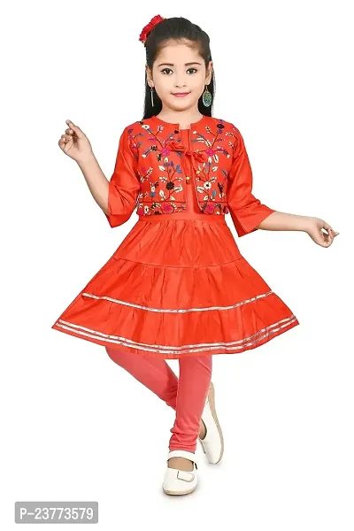 SR FASHION Casual Rayon Embroidery Round Neck Anarkali Kurta Set With Chicken Curry Embroidery Jacket and Leggings For Kids Girls