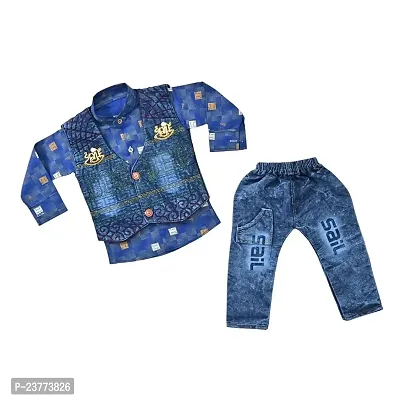 SR FASHION Casual Cotton Blend Solid Collar Neck Shirt With Denim Jacket And Pant Set For Kids Boys