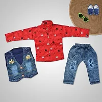 SR FASHION Casual Cotton Blend Solid Collar Neck Shirt With Denim Jacket And Pant Set For Kids Boys-thumb2