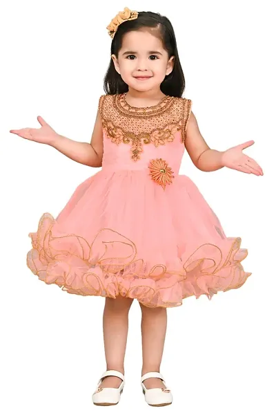 SR Fashion Casual Machine Embroidered Round Neck Knee Length Net Frock Dress for Kids Girls for Wedding, Birthday Party and Various Occasions