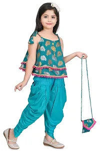 SR FASHION Casual Rayon Printed Round Neck Top Banarasi Bottam Rayon Kids Girls Top and Patiala Set-thumb2