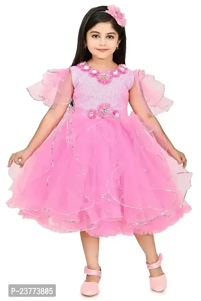 SR Fashion Casual Hand Work Round Neck Knee Length Net Frock Dress for Kids Girls for Wedding, Birthday Party and Various Occasions-thumb0