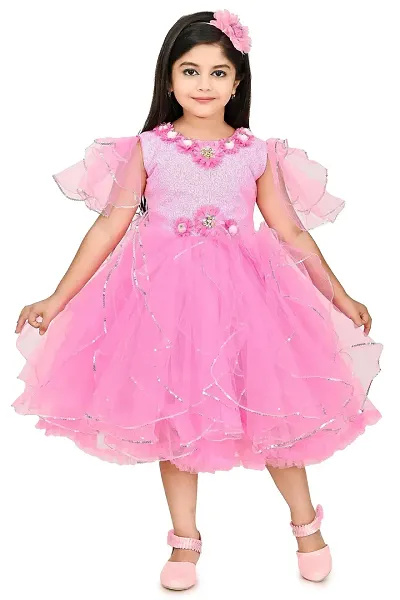 SR Fashion Casual Hand Work Round Neck Knee Length Net Frock Dress for Kids Girls for Wedding, Birthday Party and Various Occasions
