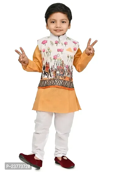 SR FASHION Casual Cotton Blend Digital Print Collar Neck Kurta Pyjama With Printed Jacket Set For Kids Boys