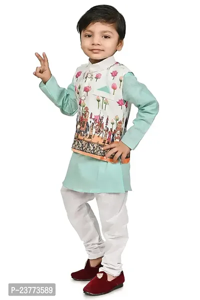SR FASHION Casual Cotton Blend Digital Print Collar Neck Kurta Pyjama With Printed Jacket Set For Kids Boys