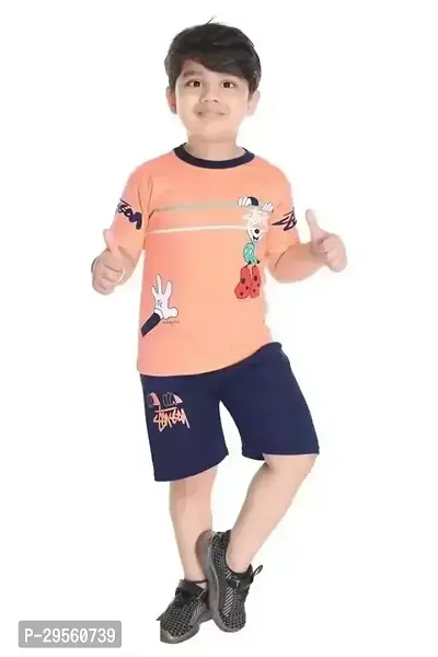 Fabulous Peach Cotton Printed T-Shirts with Shorts For Boys