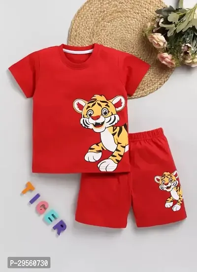 Fabulous Red Cotton Printed Tops with Shorts For Boys