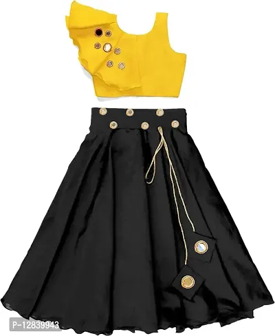 Angel Sales Girl's Taffeta Silk Lehenga Choli Set (Yellow & Black); Size: 9-10 Years - Mirror_yellow