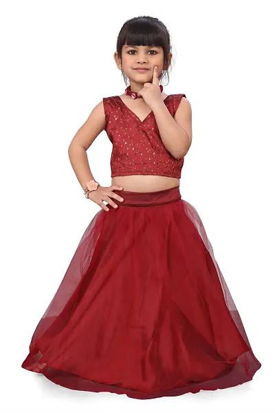 Angel Sales Girls Taffeta Silk Smooth Full Stitched Fancy Fashionable Beautiful Trending Designer Wear Embroidered Ghagra Cholis Suit For Girls Aged 2-4 Years? (4-5 Years, Maroon)