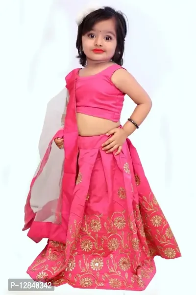 Angel Sales Girl's Taffeta Silk Lehenga Choli With Dupatta Set (Pink & Golden); Size: 12-13 Years - Tulsi Pink-thumb2