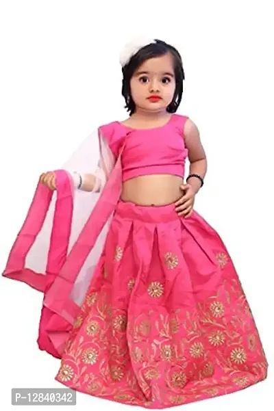 Angel Sales Girl's Taffeta Silk Lehenga Choli With Dupatta Set (Pink & Golden); Size: 12-13 Years - Tulsi Pink