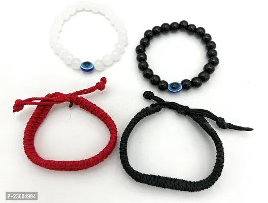 Evil Eye Unisex  Stone Bracelets Combo Black Red White Free Size - Pack of 4