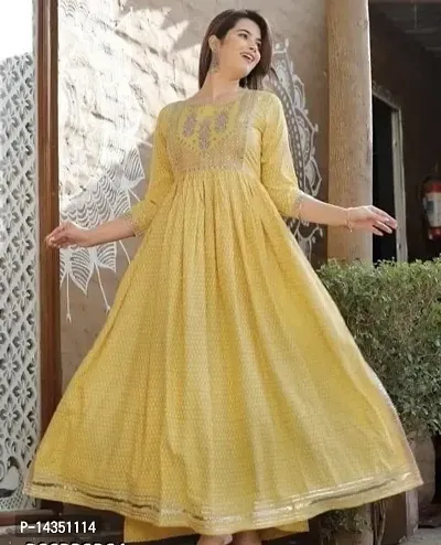 Stylish Yellow Self Design Rayon Stitched Gown For Women-thumb0