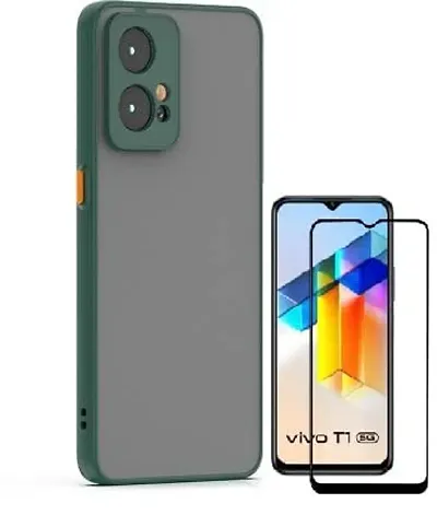 Vesno Smoke Back Cover Protective Silicon Rubberized Shockproof Matte Hard Back Case Cover with Camera Protection for VIVO T1 5G / Y75 5G with 11d Tempered Glass (Green)