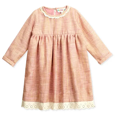Stylish Handloom Cotton Pink Solid Full Sleeves Dress For Girls