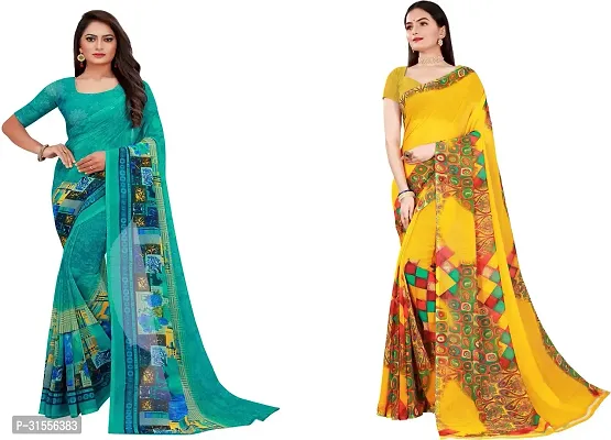 Stylish Multicoloured Georgette Printed Saree With Blouse Piece For Women Pack Of 2-thumb0