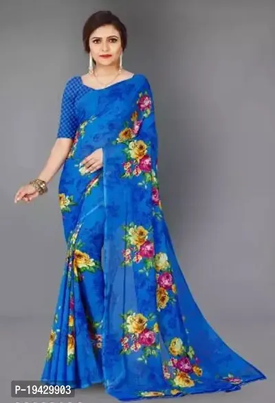 Trendy Cotton Blend Blue Floral Print Saree With Blouse Piece For Women-thumb0