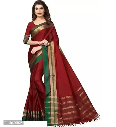 Trendy Cotton Blend Maroon Zari Saree With Blouse Piece For Women-thumb0