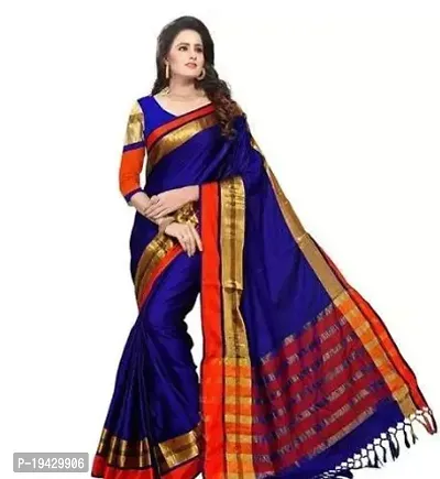 Trendy Cotton Blend Navy Blue Zari Saree With Blouse Piece For Women