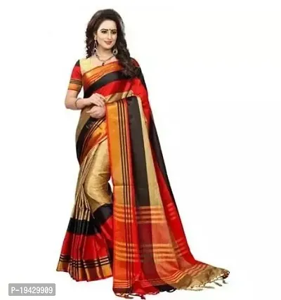 Trendy Cotton Blend Golden Zari Saree With Blouse Piece For Women-thumb0