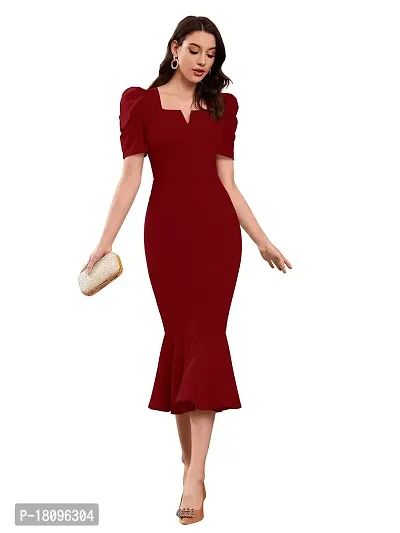 TESSAVEGAS Women's Puff MIDI Bodycon Dress (L, Maroon)-thumb0