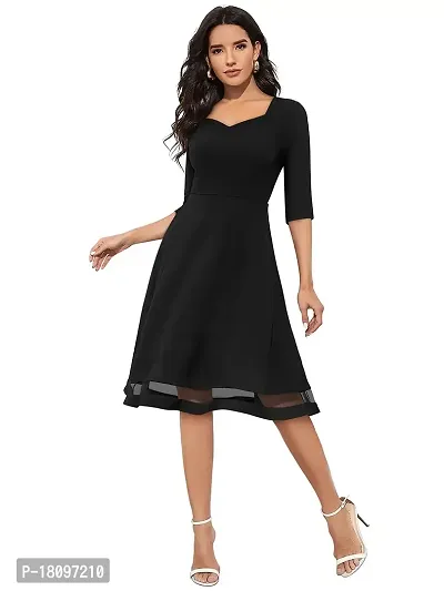 TESSAVEGAS Women's Sweetheart Neck 3/4 Sleeve Knee Length Dress (L, Black)-thumb5