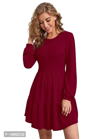 Tessavegas, Women's Long Puff Sleeve Dress (XL, MAROON)