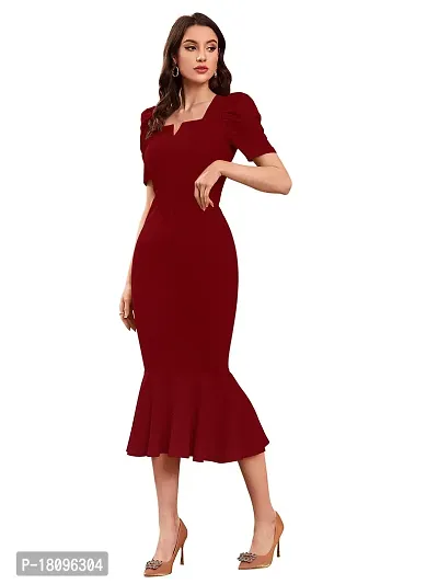 TESSAVEGAS Women's Puff MIDI Bodycon Dress (L, Maroon)-thumb3