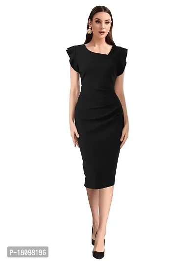 TESSAVEGAS Women's Asymmetrical Neck Short Sleeve Dress (M, Black)-thumb5