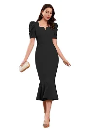 TESSAVEGAS Women's and Girl's Puff Sleeve MIDI Bodycon Dress (L, Black)-thumb1