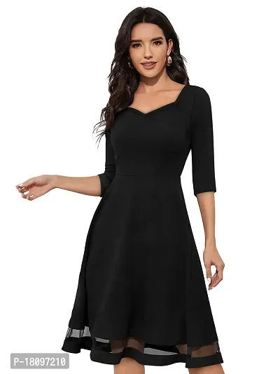 TESSAVEGAS Women's Sweetheart Neck 3/4 Sleeve Knee Length Dress (L, Black)-thumb0