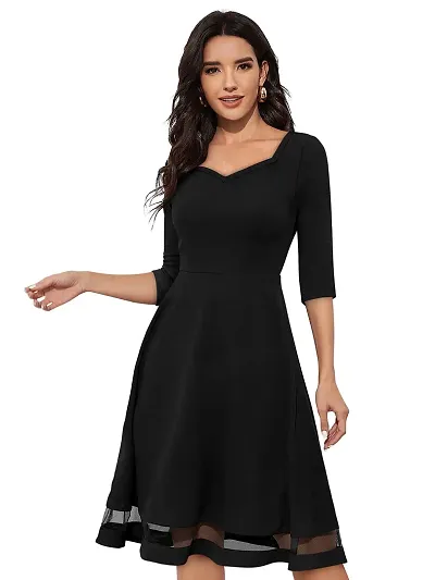 TESSAVEGAS Women's Sweetheart Neck 3/4 Sleeve Knee Length Dress (L, Black)