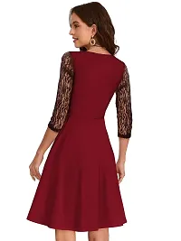 TESSAVEGAS Women's Sweetheart Neck 3/4 Sleeve Knee Length Dress for Girl Maroon-thumb3