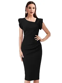 TESSAVEGAS Women's Asymmetrical Neck Short Sleeve Dress (M, Black)-thumb1